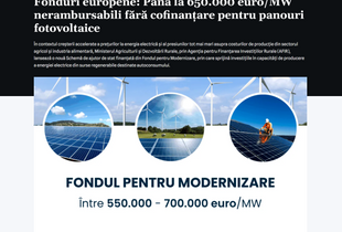 Fonduri europene: Până la 650.000 euro/MW nerambursabili fără cofinanțare pentru panouri fotovoltaice